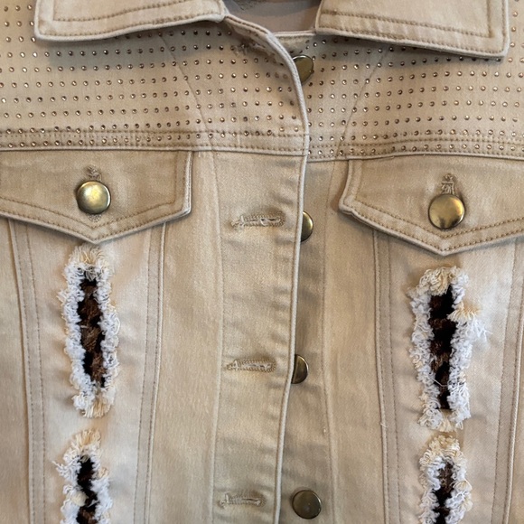 A.Z.I Embellished Brushed Denim Jean Jacket w/Leopard Print Cut-Out sz Small - Picture 4 of 14